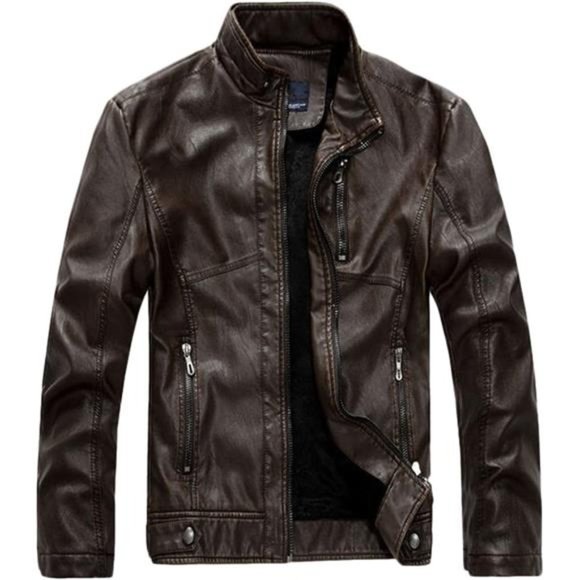 Men's Vintage Stand Collar Pu Leather Jacket Rzqm888-coffee